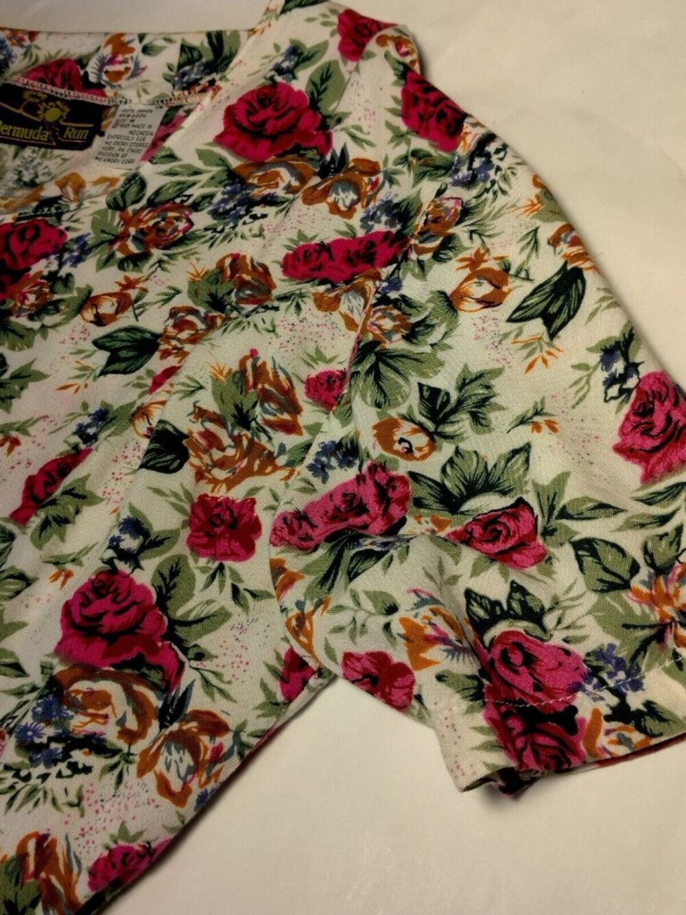 Vintage 1990s Bermuda Run Romper M White Pink Floral Rayon Shorts Tie Pleated - Picture 16 of 16